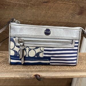 Coach Metallic Silver & Blue Patchwork Wristlet Clutch